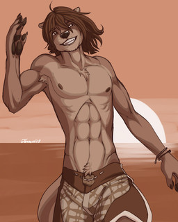 anthro armpit_hair black_pawpads body_hair bracelet brown_hair bulge clothed clothing clothing_cord drawstring gesture grin hair happy_trail jewelry long_hair male nipples outside pawpads reflection sea slim smile solo sunset swimming_trunks swimwear tied_drawstring tied_string topless water waving wind feralise mammal mustelid otter 2013 4:5 monochrome sepia
