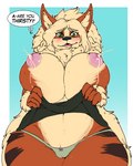 2018 anthro arcanine areola big_breasts blush bodily_fluids breasts canid canine clothed clothing curvy_figure dialogue digital_media_(artwork) english_text fangs female freya_(elise_larosa) front_view geeflakes generation_1_pokemon green_eyes hi_res huge_breasts lactating looking_at_viewer low-angle_view mammal milk navel nintendo nipples open_mouth panties pokemon pokemon_(species) pokemorph simple_background solo standing talking_to_viewer teeth text thick_thighs underwear voluptuous wide_hips