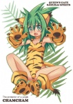 2011 alternate_version_at_source animal_humanoid blush cat_humanoid cham_cham clothed clothing english_text felid felid_humanoid feline feline_humanoid female green_eyes green_hair hair humanoid kure looking_at_viewer lying mammal mammal_humanoid on_back open_mouth samurai_shodown solo text