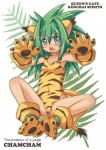 blush clothed clothing female green_eyes green_hair hair looking_at_viewer lying on_back open_mouth solo text kure samurai_shodown cham_cham animal_humanoid cat_humanoid felid felid_humanoid feline feline_humanoid humanoid mammal mammal_humanoid 2011 alternate_version_at_source english_text