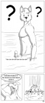 anthro beach blush canid canine canis comic dialogue digital_drawing_(artwork) digital_media_(artwork) domestic_dog duo embarrassed english_text enhibitionism erection fish forsen genitals greyscale hi_res hiding laugh male mammal marine monochrome nude nude_beach obeke outside penis seaside shark text unwanted_erection