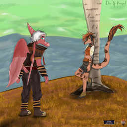 alternate_costume anthro bone_frill bottomwear brown_body brown_feathers brown_hair clothed clothed_anthro clothed_female clothed_male clothing duo feathered_tail feathered_wings feathers female fingers footwear frill_(anatomy) frown green_eyes grey_hair hair head_turned humanoid_hands long_tail looking_aside looking_at_viewer looking_back male markings outside pants pink_body pink_feathers plant pose red_body red_feathers shirt shoes short_hair short_tail shorts standing striped_markings stripes tail text topwear tree wings disc_of_kompact devlog:_a_post-modern_college_experience rebecca_(devlog) theo_(devlog) dinosaur dromaeosaurid microraptor prehistoric_species pterosaur reptile saurischian scalie theropod absurd_res colored crossover english_text hi_res shaded
