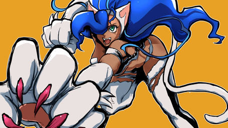 5_fingers action_pose arm_out bent_arm bent_leg big_eyes big_hair big_hands biped blue_hair breasts claws female fingers fist flowing_hair foreshortening hair leaning leaning_forward long_hair long_tail looking_forward nude open_mouth orange_background pawpads pink_claws pointy_ears pose prick_ears simple_background solo standing straight_hair tail tan_body teal_eyes teeth thin_tail tongue white_body saverpengu capcom darkstalkers felicia_(darkstalkers) animal_humanoid cat_humanoid felid felid_humanoid feline feline_humanoid humanoid mammal mammal_humanoid 2026 absurd_res cel_shading colored digital_drawing_(artwork) digital_media_(artwork) hi_res line_art portrait shaded three-quarter_portrait