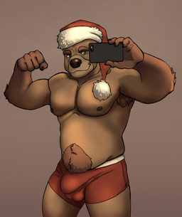 anthro armpit_hair balls_outline body_hair brown_body bulge cellphone christmas_clothing christmas_headwear clothed clothing detailed_bulge electronics fingers flexing flexing_bicep fur genital_outline hat headgear headwear holding_cellphone holding_object holding_phone holding_smartphone holidays male nipples pecs penis_outline phone santa_hat simple_background smartphone smile solo standing taking_picture taking_selfie topless topless_anthro topless_male underwear honny_(artist) christmas bear mammal digital_media_(artwork) hi_res