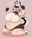 ahoge belly big_belly big_breasts big_butt black_hair bone bottomwear breasts butt clothing cute_fangs dialogue fangs female footwear hair hair_over_eye hidden_eyes huge_breasts huge_thighs kneeling looking_at_viewer midriff nipple_outline offscreen_character open_mouth open_smile overweight overweight_humanoid shadow shirt shoes shorts simple_background smile solo speech_bubble tail teeth text thick_thighs topwear white_hair low_res_art plus-sized_elf raika_(plus-sized_elf) animal_humanoid canid canid_humanoid canine canine_humanoid dog_humanoid humanoid mammal mammal_humanoid hi_res signature watermark
