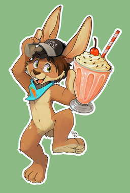 anthro black_clothing black_hat black_headwear brown_body brown_fur brown_hair clothing front_view fur glistening glistening_eyes green_background green_eyes hair hat headgear headwear holding_milkshake kerchief logo looking_at_viewer male mostly_nude navel neckerchief neckwear open_mouth open_smile short_hair simple_background smile solo tan_body tan_fur teeth young young_anthro young_male pandapaco lagomorph leporid mammal rabbit artist_logo hi_res signature