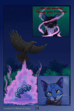 big_eyes duo eyes_closed female feral green_eyes magic magic_user male mesmerized night pink_nose plant poof_effect poof_transformation rooftop smoke sound_effects star tabby_fur text transformation_through_magic whiskers pspspsy aleister_(pspspsy) felicia_(pspspsy) african_wildcat avian bird corvid corvus_(genus) crow domestic_cat felid feline felis mammal oscine passerine tuxedo_cat wildcat absurd_res comic cyrillic_text english_text hi_res