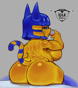 anthro back_boob beverage big_breasts big_butt blue_eyes blue_hair breasts butt butt_focus container cup curvy_figure female fur glass glass_container glass_cup gold_(metal) gold_jewelry hair jewelry looking_at_viewer looking_back looking_back_at_viewer nude partially_submerged poolside rear_view slightly_chubby slightly_chubby_female solo thick_thighs voluptuous water yellow_body yellow_fur idlepotoo animal_crossing nintendo ankha_(animal_crossing) domestic_cat felid feline felis mammal digital_media_(artwork) hi_res
