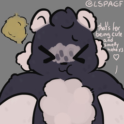 >_< ambiguous_gender anthro burp_fetish carrying_another dialogue discomfort eyes_closed fart fart_fetish fluffy grey_background holding_burp multicolored_body simple_background solo two_tone_body x-ray_view lspagf skunk_(lspagf) mammal mephitid skunk 1:1 absurd_res hi_res