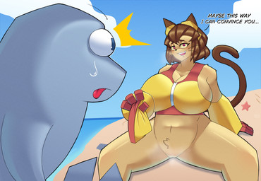 anthro big_breasts big_butt blush bottomless bottomless_female breasts brown_body brown_fur butt clothed clothing duo female fur genitals hair partially_clothed tail text vulva yellow_body yellow_fur scarabbyv2 gameoverse glitch_productions flappers_(gameoverse) kit_bodega domestic_cat felid feline felis mammal absurd_res english_text hi_res