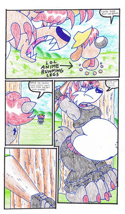 anthro baseball_bat bat_(object) black_clothing brown_body brown_fur clothing female fur group outside overweight speech_bubble text trio virus-20 bear canid canine canis domestic_dog mammal wolf 2008 comic
