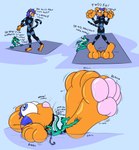 air_inflation anthro big_feet blue_background blue_eyes blue_hair bra clothing dialogue duo eyes_closed feet female floating_on_water green_body green_eyes hair hand_expansion head_inflation huge_feet humanoid_hands hyper hyper_feet hyper_inflation inflation on_another open_mouth open_smile orange_body pawpads pink_nose pink_pawpads purple_bra purple_clothing purple_underwear scuba_gear simple_background smile text underwear wydzard felid mammal scalie 2019 absurd_res english_text hi_res