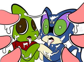 anthro bodily_fluids bukkake cum cum_everywhere duo erection genital_fluids genitals looking_at_viewer male male/male messy open_mouth penis simple_background smile tongue tongue_out thefablednekos nintendo pokemon jay_(thefablednekos) generation_2_pokemon generation_5_pokemon larvitar pokemon_(species) purrloin 2016 dated digital_media_(artwork) unavailable_at_source