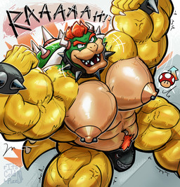abs anthro areola barazoku biceps big_muscles body_hair bracelet bulge claws clothed clothing collar cross-popping_vein deltoids emanata eyebrows flexing flexing_bicep flexing_both_biceps fungus grey_background hair happy_trail high-angle_view horn huge_muscles jewelry male manly muscular muscular_anthro muscular_male mushroom navel navel_piercing nipple_piercing nipples non-mammal_nipples obliques open_mouth open_smile pecs piercing power-up pubes quads roaring shell simple_background smile solo spiked_bracelet spiked_collar spiked_shell spiked_tail spikes spikes_(anatomy) tail teeth text thick_arms thick_thighs thong topless topless_anthro topless_male underwear vein its_coldpizza mario_bros nintendo bowser dragon_koopa koopa scalie 2025 absurd_res hi_res signature