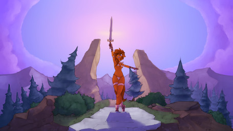 anthro armor biped braces breasts brown_body brown_hair clothed clothing cloud female footwear hair melee_weapon outside plant pose shoes skimpy sky solo standing sun sword tree unconvincing_armor weapon marsminer hasbro my_little_pony fan_character venus_spring equid equine horse mammal pony 16:9 2016 absurd_res hi_res widescreen