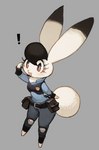 anthro black_hair chibi clothing cosplay dwarfism exclamation_point eyelashes female fur grey_background hair kemono police police_uniform purple_eyes short_stack simple_background solo uniform white_body white_fur rikose disney osamu_tezuka the_amazing_3 zootopia captain_bokko judy_hopps lagomorph leporid mammal rabbit