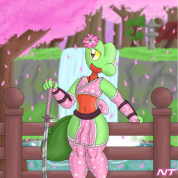 2_tails anthro arm_guards arm_warmers armwear asian_clothing belly bottomwear cherry_blossom cherry_blossom_tree cherry_tree clothing east_asian_clothing femboy fence flower fruit_tree garden green_body head_flower japanese japanese_clothing katana kimono legwear loincloth looking_at_viewer male melee_weapon multi_tail petals pink_clothing plant pokemorph pond prunus_(flower) red_belly solo stockings sword tail tree waterfall weapon wide_hips yellow_eyes ninjatreecko nintendo pokemon fan_character fern_shinamori generation_3_pokemon pokemon_(species) reptile scalie treecko 1:1 hi_res
