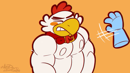 anthro beak biped blush clenched_teeth collar disembodied_hand duo embarrassed feathers floating_eyebrows ghost_hand heart_symbol male markings monotone_background mostly_nude musclegut muscular nipples orange_background orange_markings overweight simple_background solo_focus surprised teeth text toony weight_gain white_body white_feathers yellow_beak wizzdono coco_(wizzdono) avian bird chicken galliform phasianid 16:9 2024 animated english_text flat_colors hi_res short_playtime sound video watermark widescreen