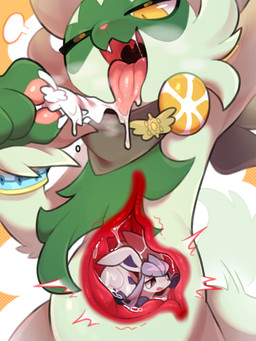 ambiguous_gender anthro bodily_fluids claws duo fangs feral fur green_body green_fur inside_stomach kemono kerchief macro micro neckerchief neckwear open_mouth open_smile saliva smile teeth vore white_body white_fur x-ray_view yellow_eyes tianhua nintendo pokemon canid canine eeveelution felid feline floragato generation_4_pokemon generation_9_pokemon glaceon mammal pokemon_(species) 3:4 hi_res
