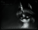 camera female feral hair horn looking_at_viewer short_hair solo text ventious hasbro my_little_pony mythology equid equine mammal mythological_creature mythological_equine unicorn 2013 animated english_text greyscale headshot_portrait monochrome portrait