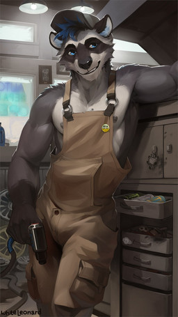 anthro armpit_hair blue_eyes blue_hair body_hair bulge clothing fur garage grey_body grey_fur hair hat headgear headwear lights looking_at_another male mechanic mechanic_outfit nipples overalls overalls_only smile solo teeth white_body white_fur whiteleonard mammal procyonid raccoon hi_res