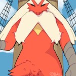 anthro big_pupils cloud crotch_tuft feather_tuft feathers front_view looking_at_viewer male phallic pupils red_body red_feathers scuted_arms scutes ship solo soul_devouring_eyes squinted_eyes standing suggestive tan_body tan_feathers text tuft vehicle watercraft yellow_sclera boke_(artist) nintendo one_piece pokemon blaziken generation_3_pokemon pokemon_(species) 1:1 2022 artist_name cel_shading digital_media_(artwork) half-length_portrait meme portrait redraw shaded