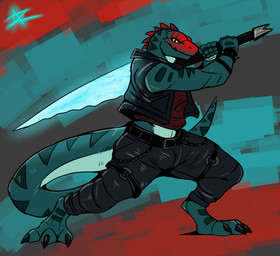 action_pose anthro belt bottomwear bracelet chain claws clothed clothing cyberpunk green_body jacket jewelry male melee_weapon pants pose science_fiction shirt solo spiked_bracelet spikes sword tail toe_claws topwear weapon yellow_eyes azurian lizard reptile scalie 2025 absurd_res digital_media_(artwork) hi_res