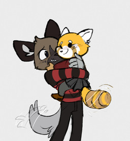 anthro black_nose bottomwear brown_body brown_fur clothed clothed_anthro clothed_female clothed_male clothing duo female fur larger_male male male/female markings orange_body orange_fur ring_(marking) ringed_tail size_difference skirt smaller_female striped_markings striped_tail stripes tail tail_markings tail_motion tailwag teeth time_fluffy500 aggretsuko sanrio haida_(aggretsuko) retsuko ailurid hyena mammal red_panda spotted_hyena