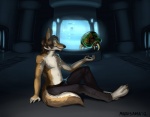 ambiguous_gender anthro clothed clothing duo facial_hair goatee green_eyes hair long_hair male tail topless marisama metroid nintendo leon_arun alien canid canine canis coyote hybrid kangaroo macropod mammal marsupial metroid_(species) 2012