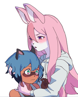 5_fingers anthro blue_eyes blue_hair blush brown_body brown_fur clothed clothing duo female fingers fluffy fur hair long_hair multicolored_body multicolored_fur open_mouth pink_body pink_fur pink_hair shirt short_hair tank_top topwear white_body white_fur white_hair rrkk brand_new_animal studio_trigger michiru_kagemori nazuna_hiwatashi canid canine fox mammal raccoon_dog tanuki 2020 4:5 hi_res