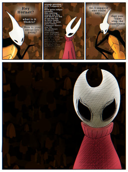2_horns 4_panel_comic anthro armor asking_another bell black_body black_eyes black_text clothed clothing death_stare dialogue dress duo elbow_on_knee empty_eyes female hand_on_face hollow_eyes horn humor joke looking_at_viewer mask rant red_clothing slim small_waist standing talking_to_another text thin_arms thin_legs thousand_yard_stare touching_face white_mask white_text yellow_clothing bird_at_night hollow_knight:_silksong hollow_knight_(franchise) team_cherry hornet_(hollow_knight) shakra_(hollow_knight:_silksong) arthropod comic english_text meme