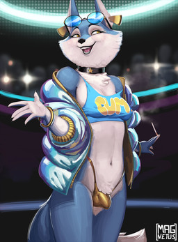 anthro biped black_lips blue_body blue_fur bracelet bulge choker cigarette claws detailed_bulge ear_piercing eyewear finger_claws fur glasses gynomorph gynomorph_anthro holding_cigarette holding_object intersex intersex_anthro jewelry lips multicolored_body multicolored_fur necklace open_mouth open_smile piercing round_glasses smile solo standing two_tone_body two_tone_fur white_body white_fur yellow_eyes magnetus illumination_entertainment sing_(movie) porsha_crystal canid canine canis mammal wolf 2025 digital_media_(artwork) hi_res