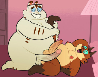 anal anal_penetration anthro balls big_penis duo erection fur genitals male moobs nipples nude overweight overweight_anthro penetration penis smile anukkyt nova(ophelia_sketched) canid canine felid feline mammal pantherine tiger hi_res nonbinary_(lore)