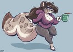 abstract_background anthro belly beverage big_breasts big_tail breasts brown_body brown_fur brown_hair brown_spots cleavage clothed clothing coffee coffee_mug curvy_figure eyelashes eyewear feet female fluffy fluffy_tail fur glasses grey_eyes hair hoodie long_hair long_tail looking_at_viewer markings multicolored_body multicolored_fur simple_background slightly_chubby smile solo spots spotted_body spotted_fur tail tan_body tan_fur text thick_thighs toes topwear voluptuous wide_hips joelasko soledad felid mammal pantherine snow_leopard 2020 dated digital_drawing_(artwork) digital_media_(artwork) english_text signature