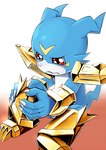 1_horn 5_fingers anthro armor blue_body blue_head blue_tail claws countershading finger_claws fingers horn multicolored_body red_eyes shoulder_guards solo tail teeth white_body white_countershading yellow_body hase_popopo bandai_namco digimon digimon_(species) magnamon veemon 2023 absurd_res hi_res