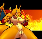 anthro areola biped black_background breasts breath_powers clothing elemental_manipulation female fire fire_background fire_breathing fire_manipulation genitals nipples nude open_mouth orange_body pokeball pubic_tattoo pussy simple_background solo spread_legs spreading tattoo torn_clothing gonda nintendo pokemon charizard generation_1_pokemon pokemon_(species) absurd_res hi_res