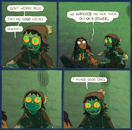 arm_grab black_hair blood bodily_fluids border clothed clothing container detailed_background dialogue dungeon duo fangs female feral hair hat headgear headwear jar looking_at_another on_ground sitting speech_bubble teeth text transparent_border underground wounded pocketss annelid human humanoid leech mammal unknown_species worm 2025 alpha_channel comic english_text hi_res signature