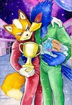 anthro award beak blue_body bodily_fluids bouquet duo eye_contact hand_on_shoulder looking_at_another male male/male one_eye_closed orange_body racing_suit space tears trophy wink ulala_ko nintendo star_fox falco_lombardi fox_mccloud avian bird canid canine canis fox mammal hi_res