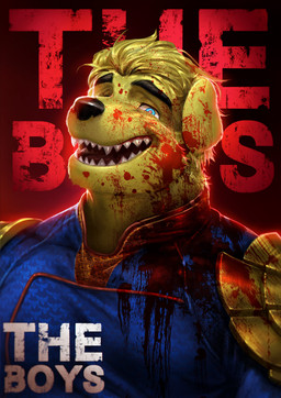 anthro armor blonde_hair blood blood_on_clothing blood_on_face blood_on_neck blood_splatter blue_bodysuit blue_clothing blue_eyes blue_skinsuit bodily_fluids bodysuit button_ears clothing floppy_ears fur glowing glowing_eyes hair looking_at_viewer male pauldron sharp_teeth skinsuit solo superhero_costume teeth text tight_clothing yellow_body yellow_fur nviek5 the_boys_(series) homelander_(the_boys) bird_dog canid canine canis domestic_dog golden_retriever hunting_dog mammal retriever 2022 absurd_res english_text hi_res