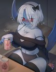 anthro beverage big_breasts blue_body blue_fur breasts claw_fingers cleavage clothed clothing drunk female fur hair legwear looking_at_viewer navel neck_tuft off_shoulder red_eyes solo stockings substance_intoxication tuft white_body white_fur white_hair mmbct01 nintendo pokemon absol generation_3_pokemon mammal pokemon_(species) absurd_res hi_res