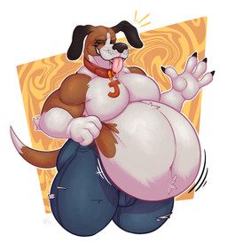 anthro anthrofied belly big_belly bottomwear brown_body brown_fur clothing denim denim_bottomwear denim_clothing fur jeans male multicolored_body multicolored_fur obese obese_anthro obese_male overweight overweight_anthro overweight_male pants tongue tongue_out torn_clothing two_tone_body two_tone_fur weight_gain white_body white_fur awoogasm voxelcubed dog's_life jake_(dog's_life) canid canine canis domestic_dog foxhound hunting_dog mammal scent_hound hi_res