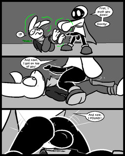 3_toes anthro anthro_penetrated anus arms_tied backsack balls bdsm big_balls big_penis black_balls black_glans black_penis blush bondage bottomwear bound butt clothing dialogue dominant dominant_humanoid dominant_male erection exclamation_point face_fucking feet footwear frown genitals glans hands_behind_back humanoid_on_anthro humanoid_penetrating humanoid_penetrating_anthro interrobang irrumatio jacket kerchief legs_tied legs_together long_sleeves magic male male/male male_on_bottom male_on_top male_penetrated male_penetrating male_penetrating_male mouthless no_pupils on_bottom on_top onomatopoeia oral pants penetration penile penis penis_in_mouth question_mark restraints robe rope rope_bondage sex shadow_penis shadow_sex shoes sound_effects submissive submissive_anthro submissive_male text throat_swabbing throbbing throbbing_penis toes topwear umbraphilia vowelless vowelless_sound_effect ultilix leo_the_magician wes_(ultilix) humanoid lagomorph leporid mammal rabbit shadow_creature 2025 comic english_text multiple_scenes spot_color