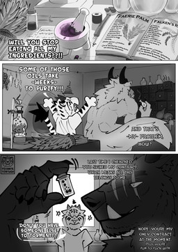 angry anthro blind_eye book cauldron clothed clothing container dialogue drawer duo facial_scar fire fur furniture holding_object horn ink male male/male mortar_and_pestle muscular nude open_mouth pen piercing plant potion potion_bottle scar size_difference smile tail teeth text tusks picantetortuga mythology darius_(picantetortuga) juno_(picantetortuga) canid canine demon felid humanoid mammal mythological_canine mythological_creature pantherine tiger werecanid werecanine werecreature absurd_res comic digital_media_(artwork) english_text hi_res monochrome