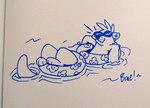 anthro eyewear fur head_tuft inflatable inner_tube male partially_submerged paws smile solo sunglasses tuft water whisker_spots whiskers braeburned mammal mustelid otter 2018 blue_and_white marker_(artwork) monochrome traditional_media_(artwork)