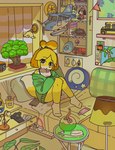 accessory anthro bed bedroom blonde_hair book bookshelf breasts cleavage clothed clothing detailed_background dipstick_tail female floppy_ears furniture hair hair_accessory looking_at_viewer markings pillow plant plushie sitting solo tail tail_markings doremifaso64 animal_crossing nintendo isabelle_(animal_crossing) canid canine mammal hi_res