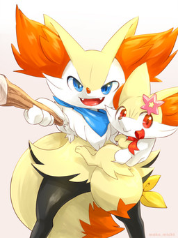 ambiguous_anthro ambiguous_feral ambiguous_gender anthro big_tail blue_eyes blue_kerchief blue_neckerchief carrying_another cheek_tuft chest_tuft cute_fangs dipstick_tail duo facial_tuft fangs featureless_crotch feral front_view fur gesture hand_gesture head_ornament holding_object holding_stick inner_ear_fluff kerchief larger_ambiguous larger_anthro looking_at_viewer markings neckerchief neckwear nude open_mouth open_smile pointing pointing_at_viewer pointing_stick red_bow red_eyes simple_background size_difference smaller_ambiguous smaller_feral smile standing stick tail tail_markings teeth tuft white_background yellow_body yellow_fur makotoo nintendo pmd:_icma pokemon pokemon_mystery_dungeon spike_chunsoft lir_(icma) braixen canid canine fennekin generation_6_pokemon mammal pokemon_(species) 2016 3:4