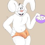 anthro bowl bulge cereal clothing container ears_down food fur male mascot pivoted_ears solo underwear white_body white_fur palister35 general_mills trix trix_rabbit lagomorph leporid mammal rabbit 1:1 hi_res