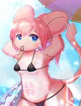 abdominal_tattoo anthro bikini black_clothing black_swimwear blue_eyes blue_sky breasts clothing cloud covered_breasts female fur hair hair_tie_in_mouth heart_(marking) markings medium_breasts micro_bikini navel parasol pink_body pink_fur pink_hair ponytail round_ears sea sky solo sparkles splash summer swim_ring swimwear tail thick_thighs two-piece_swimsuit under_boob vrchat_model water wide_hips kyoolkl mokuri_project lesser_mokuri mammal 2025 hi_res