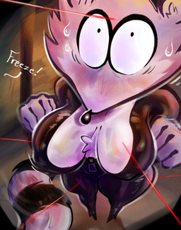 anthro big_breasts big_eyes bodily_fluids boots breasts clothing female footwear high-angle_view high_heeled_boots high_heels imminent_death jumpsuit laser latex markings scared shoes solo speech_bubble striped_markings striped_tail stripes sweat sweatdrop tail tail_markings tight_clothing tuft zipper telory_tort uva_the_raccoon mammal procyonid raccoon digital_drawing_(artwork) digital_media_(artwork) shaded
