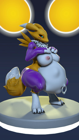 3_fingers 3_toes anthro areola armwear belly big_belly big_breasts black_sclera blue_eyes breasts claws clothing crouching digitigrade dipstick_tail feet female fetal_movement fingers fluffy fluffy_tail fur glowing glowing_eyes gradient_background hand_on_breast huge_belly huge_breasts hyper hyper_belly hyper_pregnancy latex latex_armwear latex_clothing latex_legwear legwear looking_at_belly markings multicolored_body multicolored_ears multicolored_fur multicolored_tail navel navel_piercing navel_ring nipples piercing pink_areola pink_nipples platform pregnant pregnant_anthro pregnant_female ring_piercing simple_background solo tail tail_markings toes voluptuous_anthro voluptuous_female white_body white_fur white_tail_tip yellow_body yellow_fur thevestige warfaremachine_(modeler) bandai_namco digimon warfare_renamon canid canine digimon_(species) fox mammal renamon 2025 3d_(artwork) 9:16 digital_media_(artwork) hi_res source_filmmaker_(artwork)